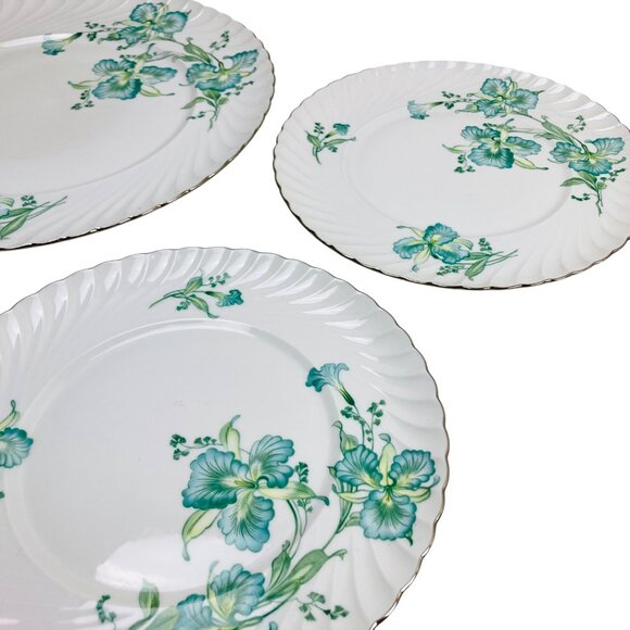 Vintage 1940s Royal Tettau Germany MCM Blue Iris Pattern Silver Trim Plate Set - Picture 4 of 11